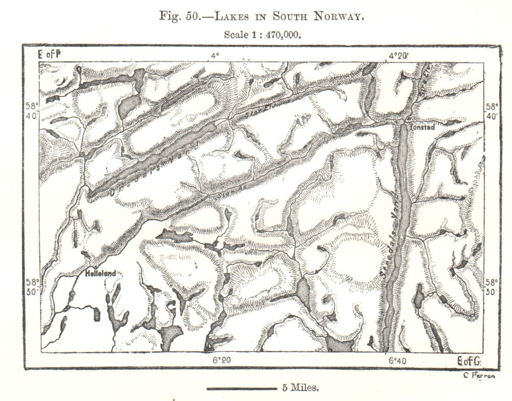 Lakes in South Norway. Sketch map 1885 old antique vintage plan chart
